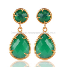 Beautiful Green Onyx Smooth Bezel Round & Pear Shape 18K Gold Plated Brass Drop Earring